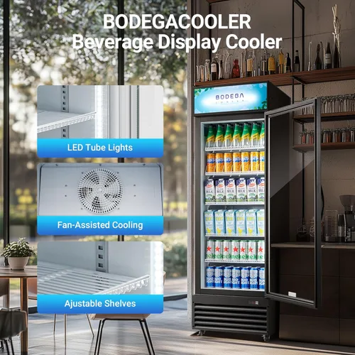 Vista 6 de BODEGA COOLER - Refrigerador comercial comercial, 15.5 pies cúbicos con puerta de vidrio vertical, refrigerador de bebidas con luz LED, 4 ruedas