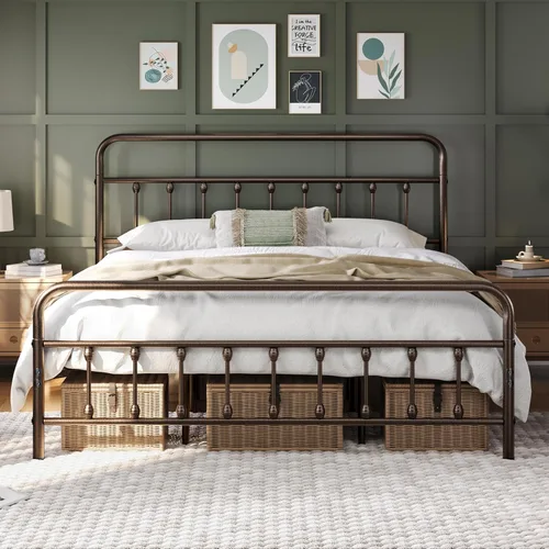 Vista 22 de Yaheetech Base de cama clásica de metal con base de colchón con estilo victoriano, cabecera, estribo, debajo de la cama, no necesita somier