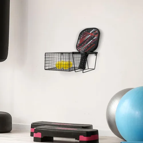 Vista 3 de MyGift 16 Inch Wall Mounted Metal Pickleball Paddle Rack and Storage, Hanging Equipment Organizer with Racket Holder and Basket for Balls
