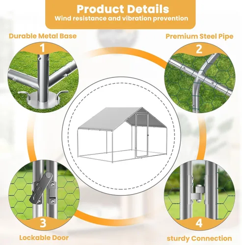 Vista 3 de ROOMTEC Gallinero grande de metal para 20-30 pollos, perrera para perros al aire libre con cubierta impermeable y anti-UV con diseño de puerta