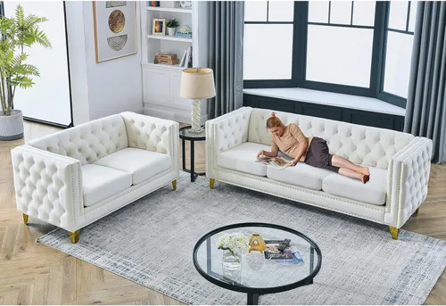 Vista 9 de Juego de 2 sofás de terciopelo beige de 81 pulgadas de 3 plazas, botones copetudos y brazo cuadrado, cabezas de uñas doradas con incrustaciones y 4