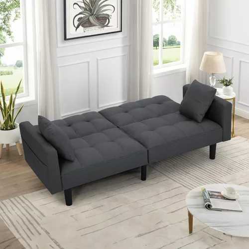 Vista 16 de AVAWING 74" Faux Leather Futon Sofa Bed with Adjustable Backrest 3 in 1 Convertible Futon Couch with 2 Square Pillows & Side Pockets Modern Loveseat