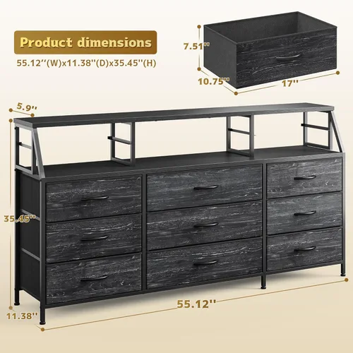 Vista 2 de Homkdom Cómoda negra para dormitorio con cajones de tela, cómodas largas y cómodas, mueble para TV de 55.12 pulgadas de ancho, centro