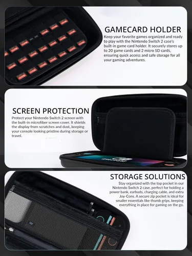 Vista 5 de Orzly Case for Nintendo Switch 2 Protective Travel Carry Case with Screen Padding, Game Cards & microSD Slots with Zipped & Open Pockets for Console