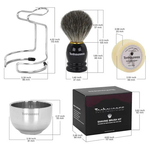Vista 7 de Kit de brochas de afeitar para hombres, juego de brochas de afeitar 4 en 1, incluye cepillo de afeitado de pelo de tejón, cuenco y soporte de acero