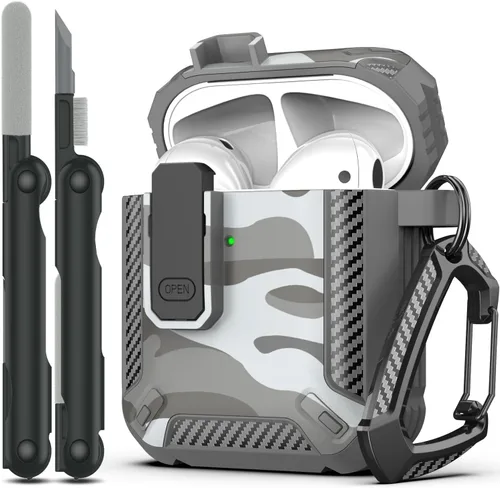 RFUNGUANGO Funda para AirPods de 2ª generación con kit de limpieza, armadura protectora de carcasa dura militar con bloqueo para funda de carga de