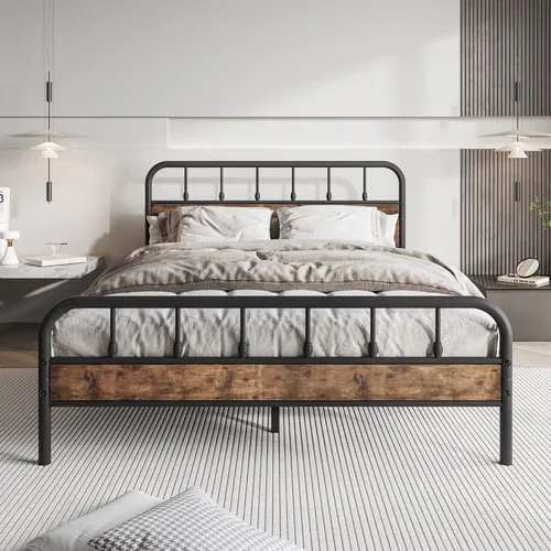Vista 11 de Base de cama de tamaño individual vintage con cabecera y estribo, plataforma de metal resistente, soporte de listones de acero
