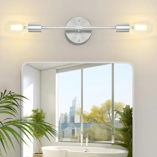 Vista 10 de FadimiKoo Lámparas de pared doradas de 2 luces, lámparas de tocador de baño sobre el espejo, iluminación moderna de latón cepillado para interiores