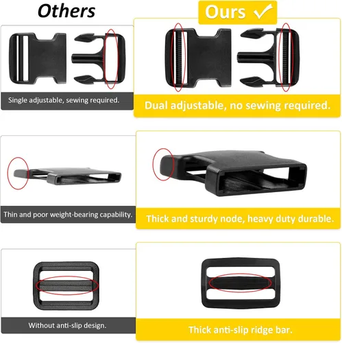 Vista 3 de 6 hebillas de liberación lateral rápida, 12 piezas Tri-Glide Slide, 6 anillos en D de metal, doble ajustable, no requiere costura, adecuado