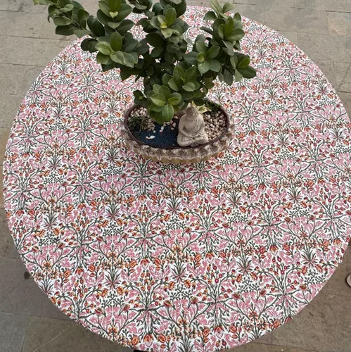 Vista 177 de Ridhi Mantel redondo estampado a mano color rosa flamenco 110 pulgadas 100%
