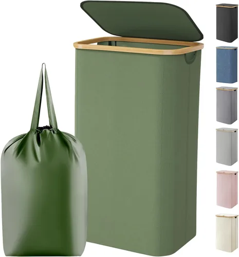 Vista 23 de Lifewit Cesta de lavandería de 80 litros con tapa, cestas de ropa para lavandería con asas de bambú y una bolsa de lavandería extraíble, cesta