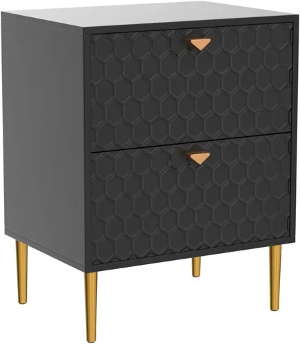 Vista 4 de Mesita de noche con 2 cajones, moderna mesita de noche con pomos de latón para sala de estar, dormitorio (negro)