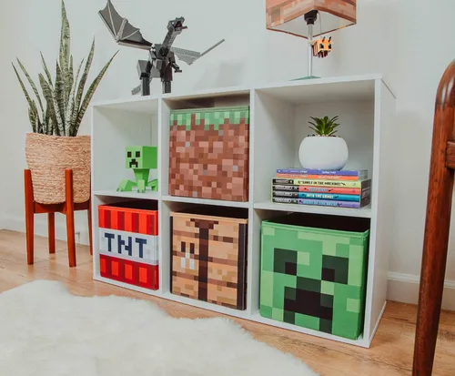 Vista 4 de Minecraft - Juego de 4 contenedores de almacenamiento de 10 pulgadas, incluye Creeper, TNT, Césped, Mesa de Crafteo, contenedor de cesta de tela