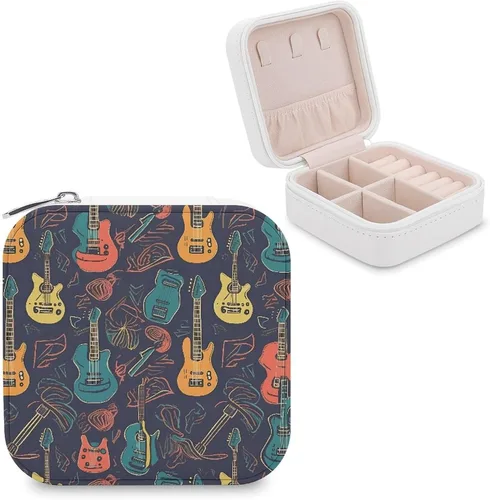 Guitarra Pattern Travel Jewelry Cases PU Leather Small Portable Jewellry Organizer Box Portable Square Jewelry Storage Box for Women Festival
