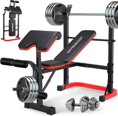 OPPSDECOR Foldable Weight Bench Set with Preacher Curl Pad and Squat Rack, 660LBS Adjustable Bench Press with Leg Extension and Leg Curl, Incline