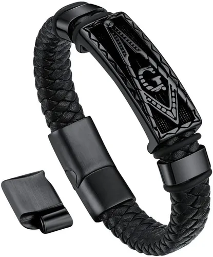 Bandmax Pulsera trenzada de cuero negro para hombre con colgante gótico punk, pulsera de cuero con hebilla de acero inoxidable, paquete de regalo,