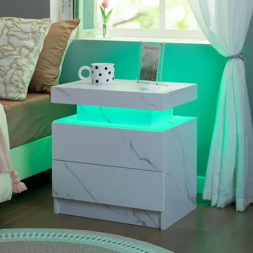 Vista 23 de Generic Juego de 2 Mesitas de noche con 2 cajones, mesa de noche con cajones para muebles de dormitorio, mesa auxiliar con luz LED, color negro