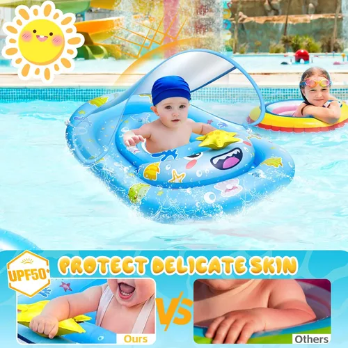 Vista 3 de Baby Float with Canopy- UPF50+ Sun Protection Baby Pool Float，Inflatable Kids Pool Float with Adjustable Safety Seat for 6-36 Months Kids