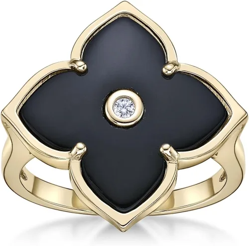 Lavari Jewelers Anillo de flor de ónix negro o nácar y circonita cúbica para mujer, en plata de ley 925 con chapado en oro, aniversario, tallas 6 a