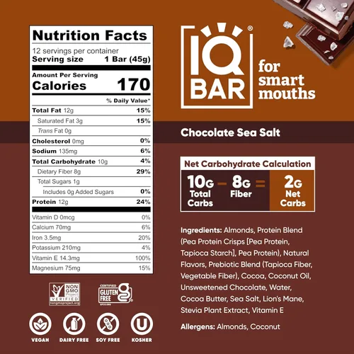 Vista 2 de IQBAR Brain and Body Keto Protein Bars - Chocolate Sea Salt and Almond Butter Chip - 12 barras energéticas - Barras de proteína bajas