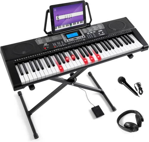 Vista 10 de Teclado de piano de 61 teclas, piano eléctrico con teclas iluminadas, 255 tonos/ritmos, sistema de aprendizaje inteligente, auriculares, micrófono