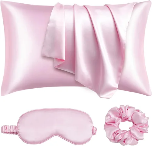 Funda de almohada de satén para cabello y piel, juego de funda de almohada de seda vegana - 2 fundas de almohada de satén rosa, 1 máscara para los