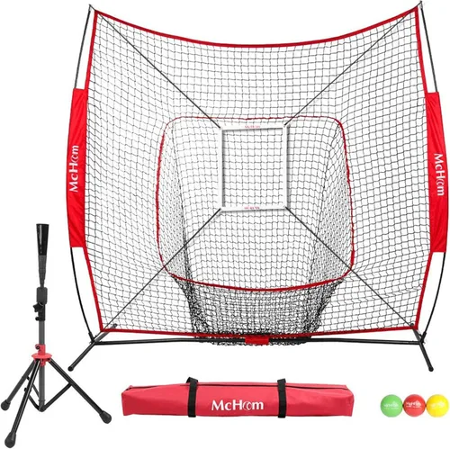 Vista 7 de McHom Juego de red de práctica de béisbol y sóftbol de 7 x 7 pies con camiseta de viaje, 3 bolas pesadas y zona de golpe para práctica de golpe