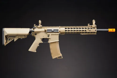 Vista 2 de Lancer Tactical Gen 2 Keymod Full Tan M4 Carabina Airsoft AEG de 10 pulgadas con cargador Airsoft de alta velocidad (Color: Bronceado)