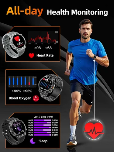 Vista 8 de KPEP Military Watches for Men with 2 Straps (Bluetooth Call), 1.75" HD Screen Military Watch with Flashlight, 800mAh Battery, SpO2 Heart Rate Sleep