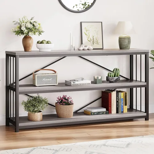 Vista 23 de LVB Mesa consola industrial, mesa de sofá de metal y madera, mesa de entrada rústica con almacenamiento, moderno estante de 3 niveles mesa larga