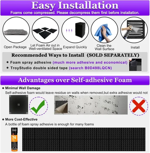 Vista 6 de TroyStudio Paneles de espuma acústica gruesa, 30 x 30 x 5 cm, 12 piezas de espuma absorbente de sonido en forma de pirámide, acolchado insonorizante