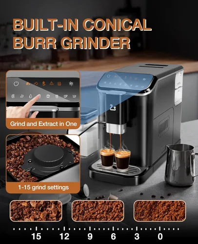 Vista 2 de Zstar Máquina de café expreso totalmente automática con espumador de leche, cafetera de café expreso profesional con molinillo, limpieza automática
