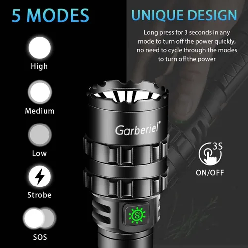 Vista 6 de Garberiel Linterna LED de alta potencia de 5000 lúmenes, súper brillante, potente y recargable por USB, 5 modos, linterna impermeable con función