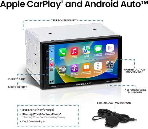 Vista 2 de BOSS Audio Systems Elite BE7ACP Estéreo de Coche - Pantalla de 7", Unidad Principal de Apple CarPlay y Android Auto, Estéreo de Coche Doble DIN