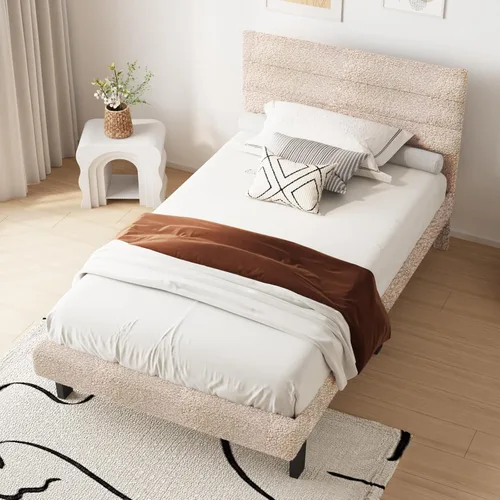 Vista 6 de VINGLI Base de cama individual para niños, cama de plataforma tapizada Boucle con cabecera ajustable, soporte de listones de madera resistente, cama