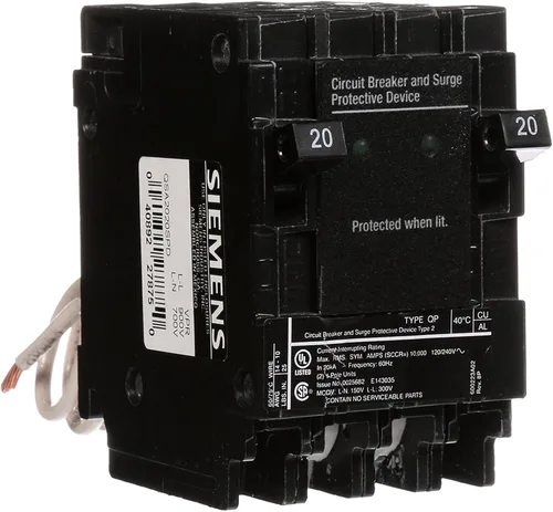 Vista 3 de Siemens QSA2020SPD Protección contra sobretensiones para toda la casa con dos disyuntores de 20 amperios para uso solo en paneles Siemens