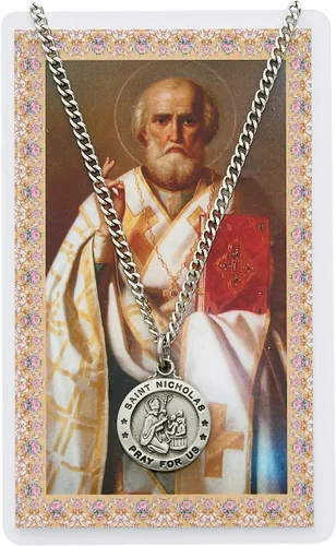 Tarjeta de oración de San Nicolás con colgante de medalla con dije de patrón San Católico Cristiano, No es una piedra preciosa