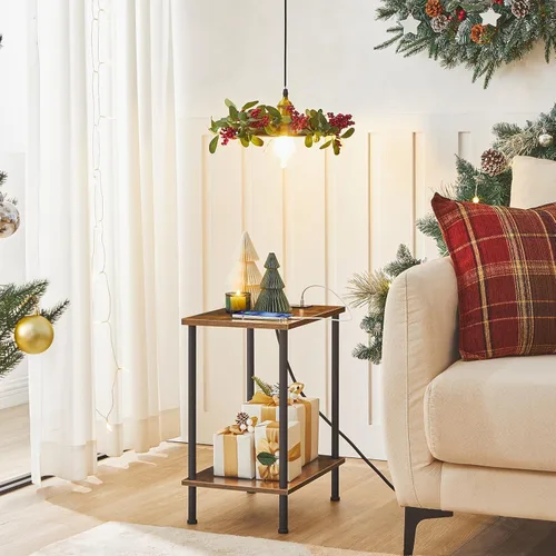 Vista 2 de HOOBRO Mesa auxiliar con estación de carga, mesa auxiliar con puerto USB y tomacorriente, mesita de noche con estantes de almacenamiento de 2 capas