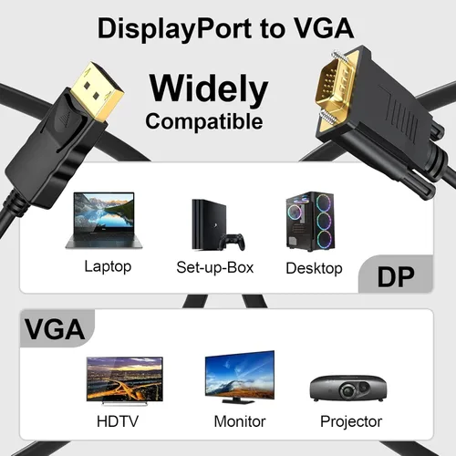 Vista 2 de Cable DisplayPort a VGA de 6 pies, paquete de 2 puertos de pantalla DP a VGA, cable adaptador macho a macho de video HD 1080P para computadora