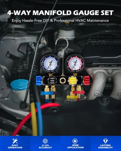 Vista 2 de Orion Motor Tech juego de manómetros de CA de 4 vías para refrigerante R410a R22 R134a, colector de CA automotriz de 4 válvulas con mangueras de 1.5