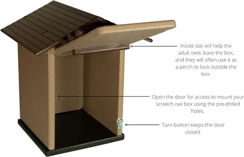 Vista 5 de JCS Wildlife Caja anidable de búhos chillidos de polietileno marrón y tostado, ideal para búhos sierreros y cernícalos también, limpiar la puerta