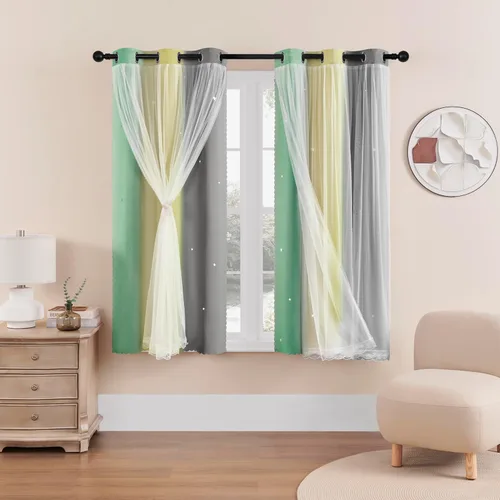 Vista 104 de XiDi Cortinas rosas y grises para dormitorio de niñas, calcomanías de pared de unicornio, cortina verde, cortinas de oscurecimiento de habitación