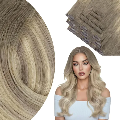 Vista 59 de Ve Sunny Extensiones de cabello humano real con clip balayage, color marrón castaño degradado a rubio, 12 pulgadas, 5 unidades, 2.82 onzas