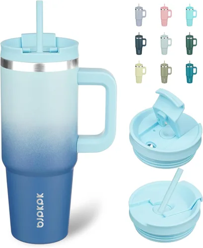Vista 31 de BJPKPK Vasos aislados con asa y pajita, vasos térmicos de acero inoxidable de 30 onzas con tapa, color verde militar
