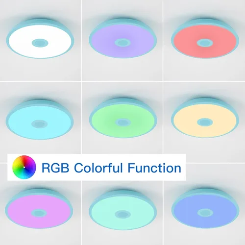 Vista 3 de Lámpara de techo LED impermeable azul cielo, lámpara de techo con música, con altavoz Bluetooth, 11 pulgadas 18 W, 2700K-6500K, color RGB