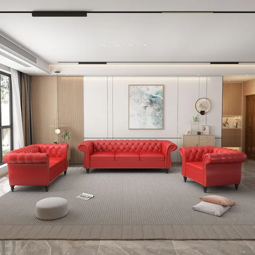 Vista 20 de Juego de 2 piezas para sala de estar, sofá Chesterfield de cuero con reposabrazos enrollados y tachuelas para sala de estar, oficina (negro)