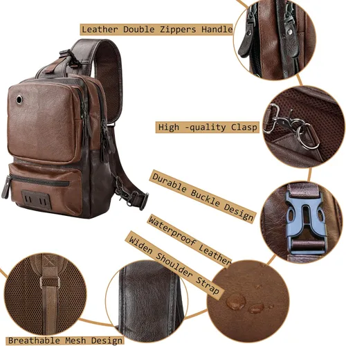 Vista 5 de AONETIGER Small Sling Crossbody Backpack Shoulder Bag Vintage PU Leather Daypack Rucksack with USB Charger bag for Men