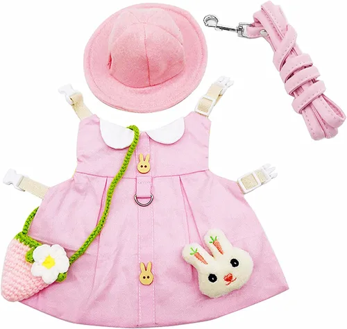 Vista 6 de Ropa de conejillo de indias, ropa suave de hurón con arnés de conejo para mascotas y correa, mini bolsa para sombrero, lindo broche para collares