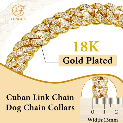 Vista 3 de Collar de cadena dorada para perro, collar de eslabones cubanos de diamantes de 0.51 pulgadas de ancho, collar de metal para gatos, collar