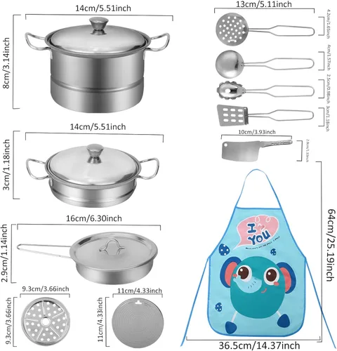 Vista 6 de Juego de comida para niños, accesorios de cocina, 46 piezas, utensilios de cocina de acero inoxidable con CuteApron, cortar alimentos de juego